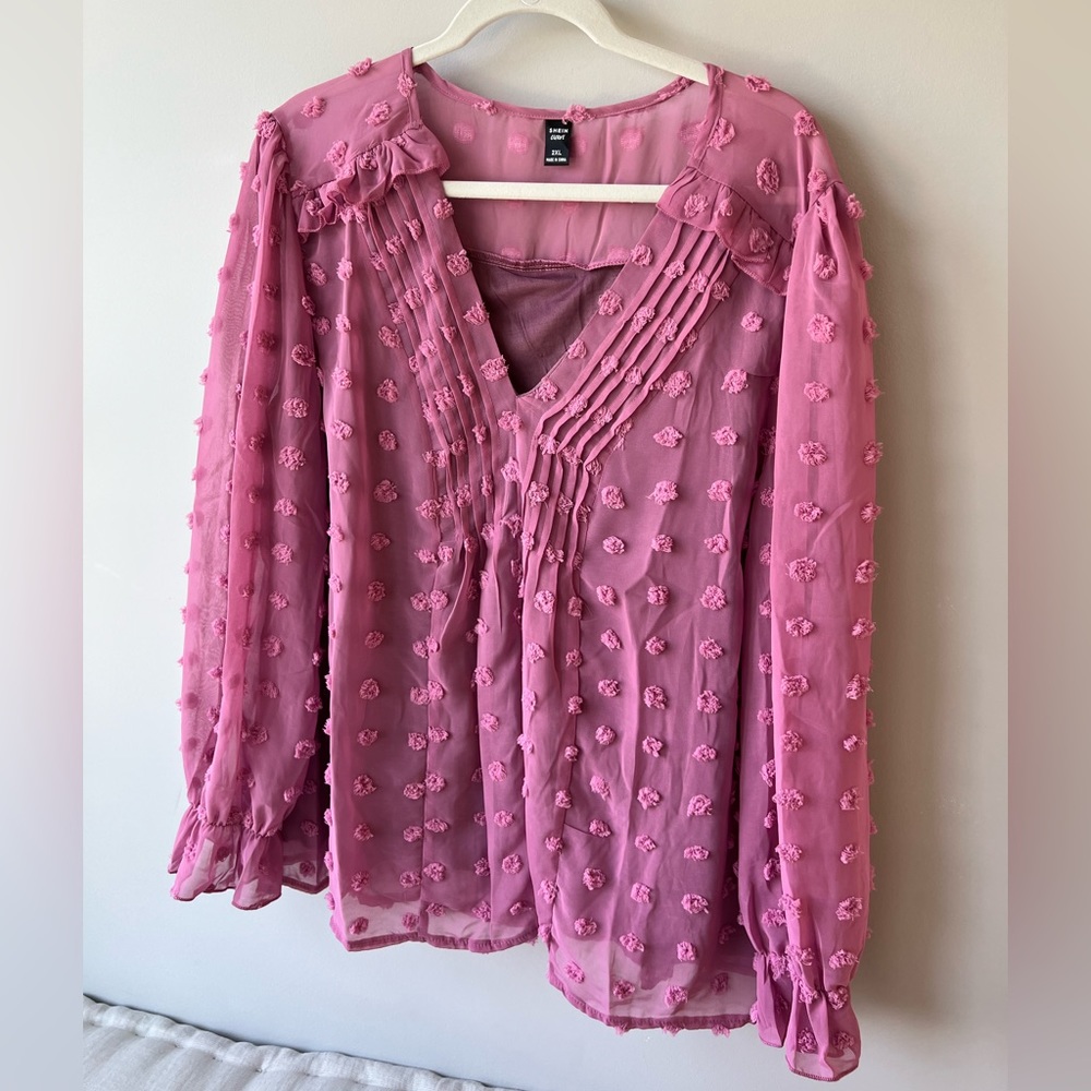Shein Curve Swiss Dot Flounce Sleeve Blouse